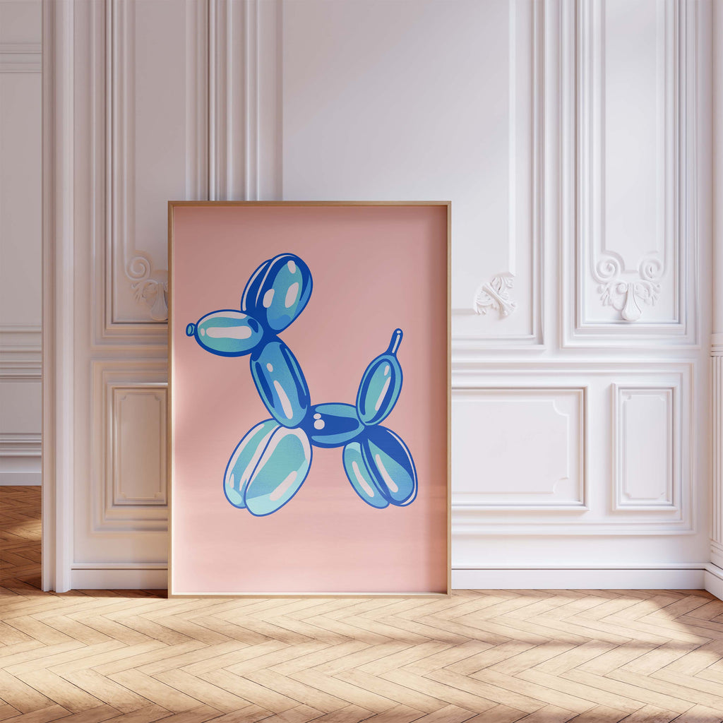 Balloon Dog Poster · Blue Dog Sculpture · Pop Art Aesthetic · Minimalist Design · Pink Background · Unframed Print