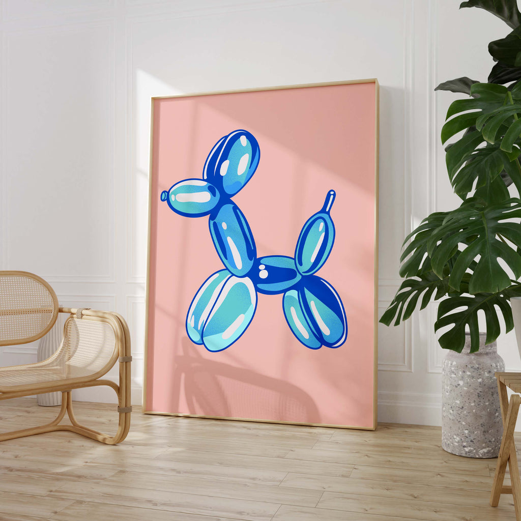 Balloon Dog Poster · Blue Dog Sculpture · Pop Art Aesthetic · Minimalist Design · Pink Background · Unframed Print