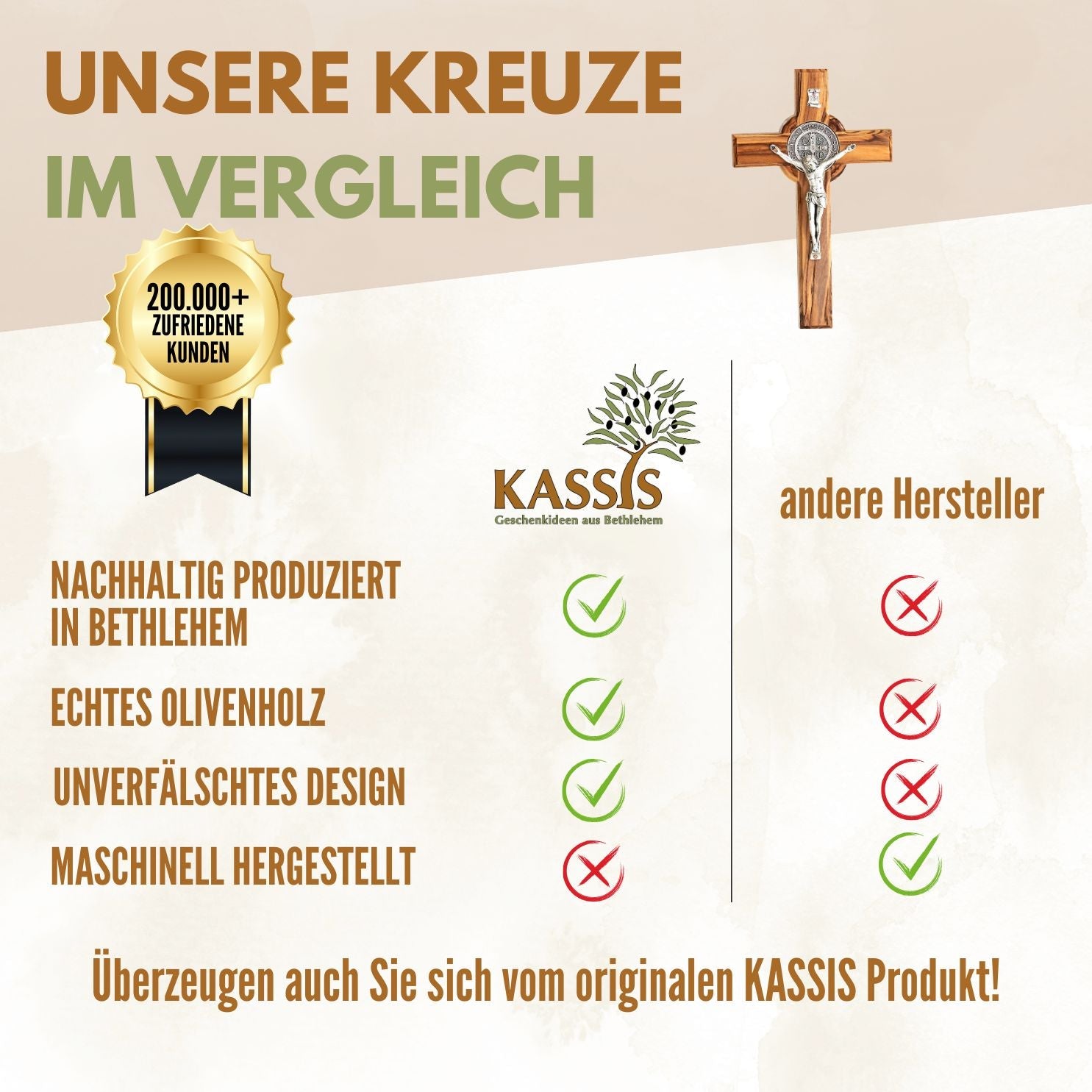 St. Benedikt Kreuz aus Olivenholz | Schutzkreuz als Wandkreuz & Geschenk zur Taufe, Kommunion oder Firmung