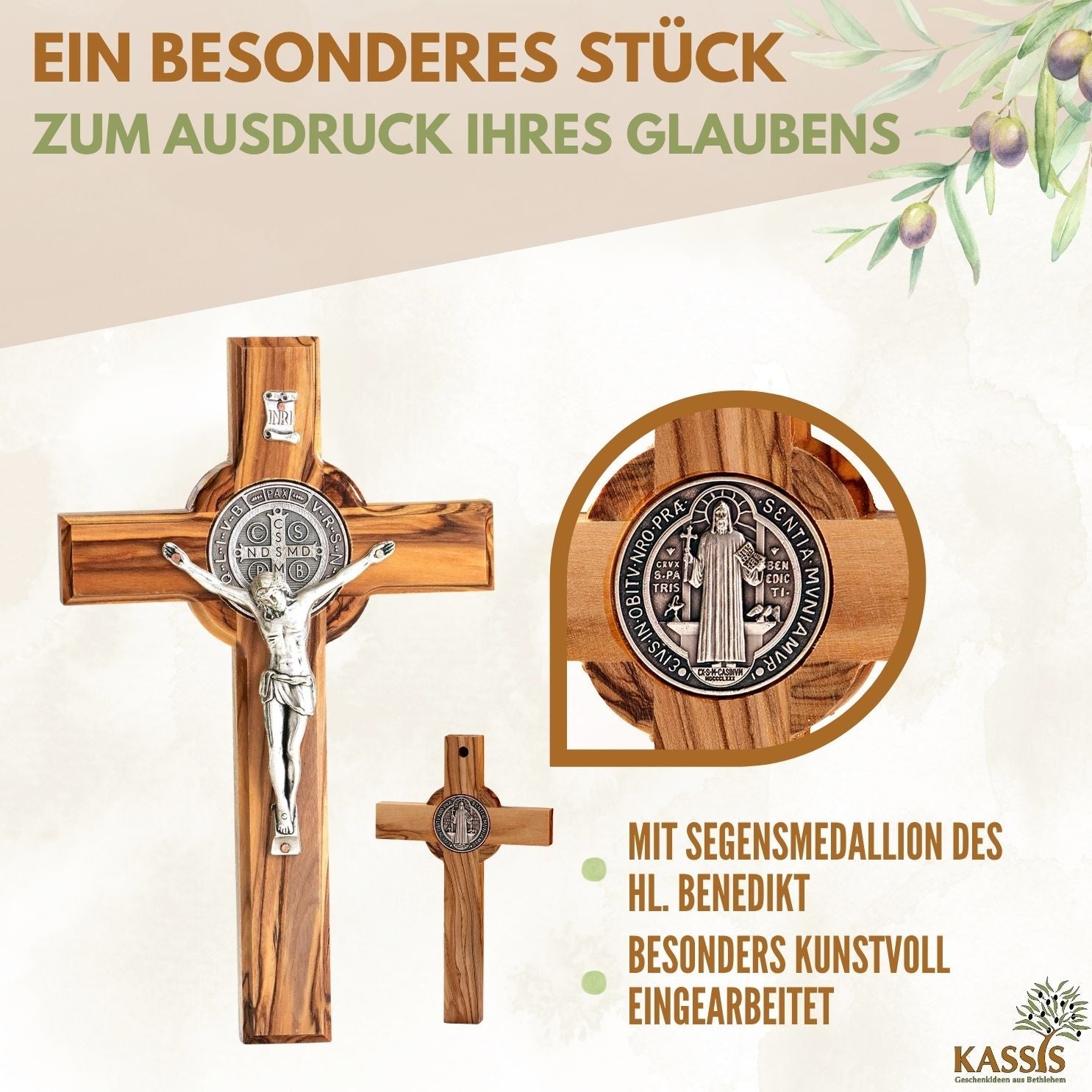 St. Benedikt Kreuz aus Olivenholz | Schutzkreuz als Wandkreuz & Geschenk zur Taufe, Kommunion oder Firmung