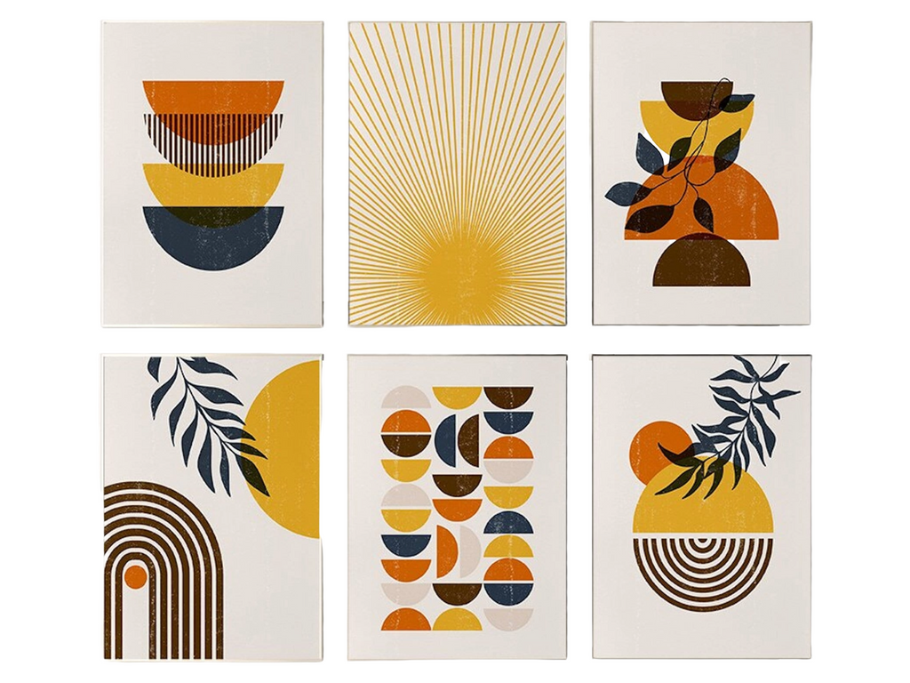 Boho Abstract Sun Half Circles and Leaves with Yellow Tones as Decorative Print without Frame