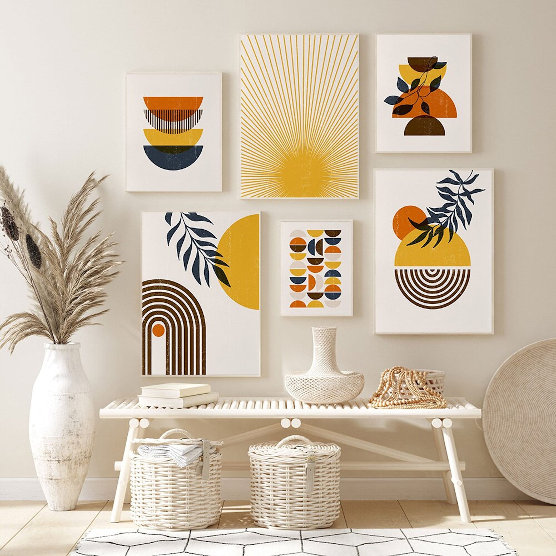 Poster Boho Abtrakt Sonne Halbkreise und Blätter mit Gelbtönen als Deko Print ohne Rahmen