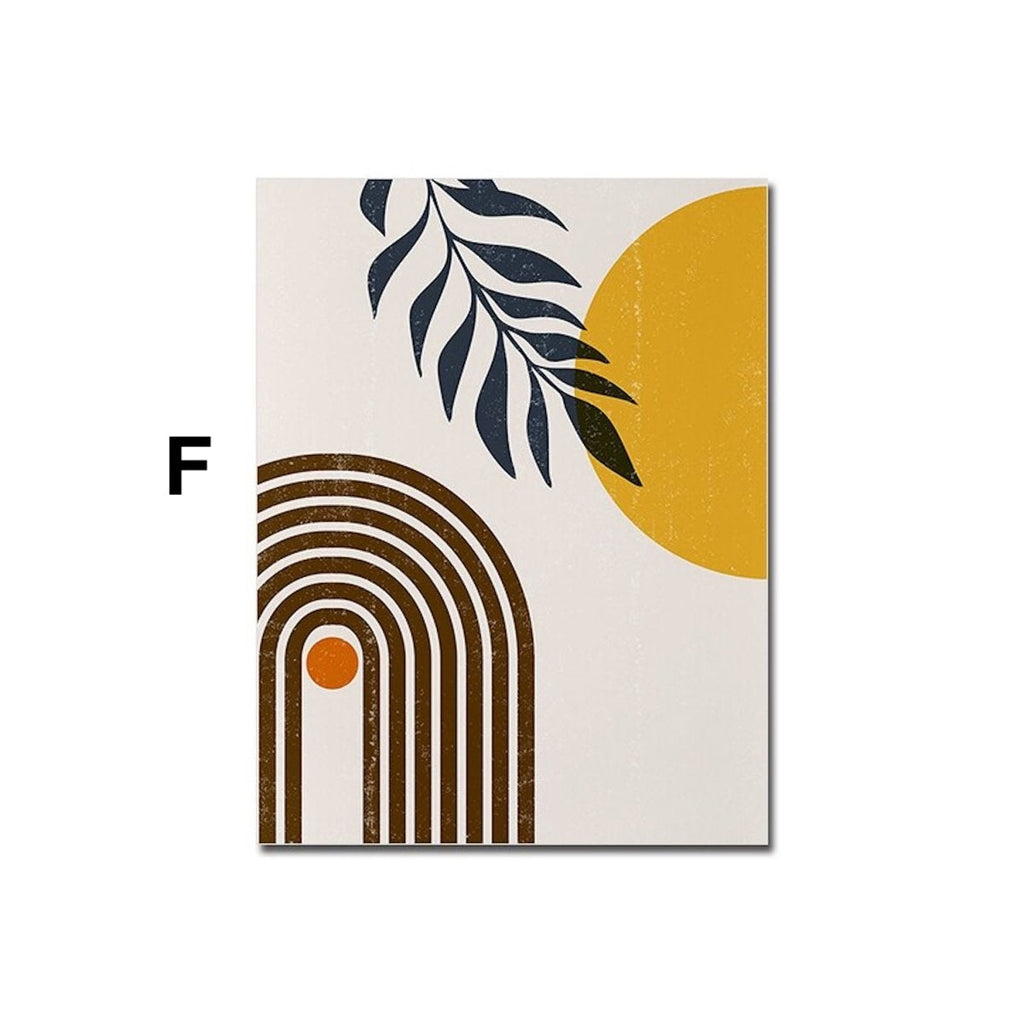 Boho Abstract Sun Half Circles and Leaves with Yellow Tones as Decorative Print without Frame