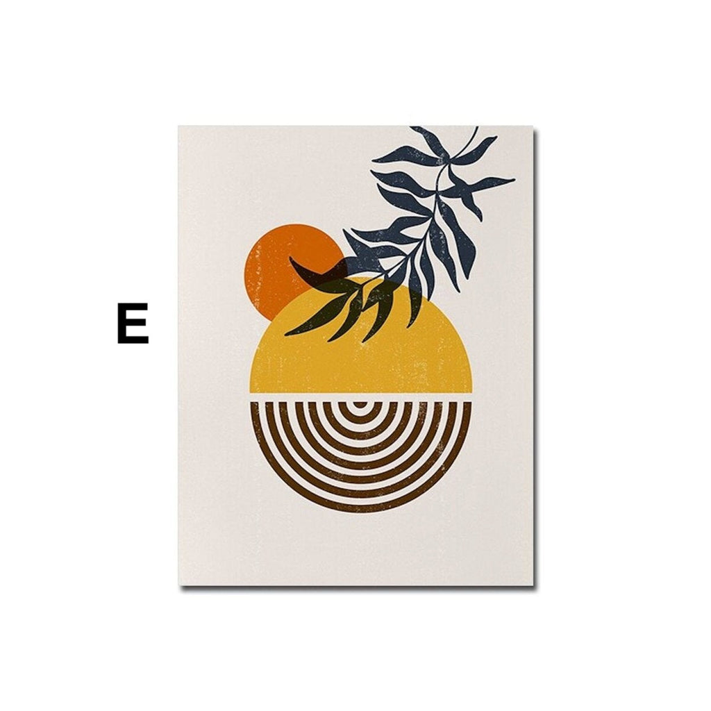 Boho Abstract Sun Half Circles and Leaves with Yellow Tones as Decorative Print without Frame