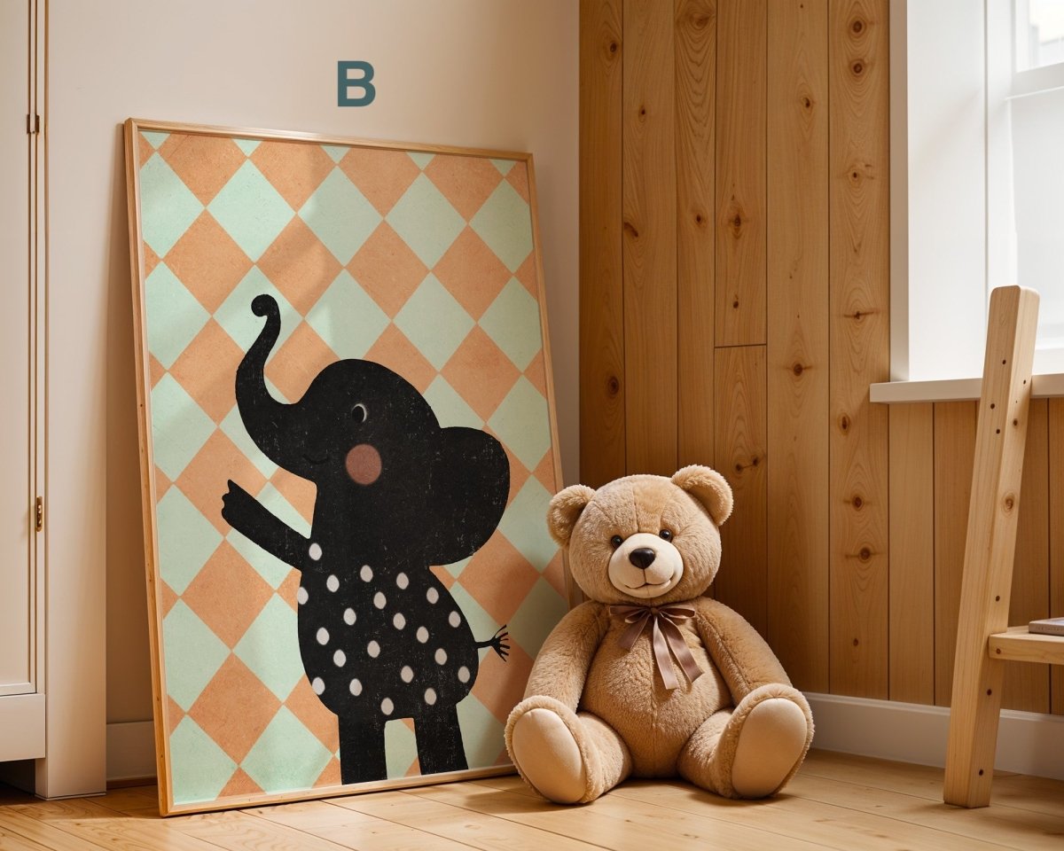 Poster Kinderzimmer Bär · Elefant · Fuchs · Katze · Geschenkidee für Kinder · Grün & Gelb · Waldtiere & Safari · Deko Print ohne Rahmen