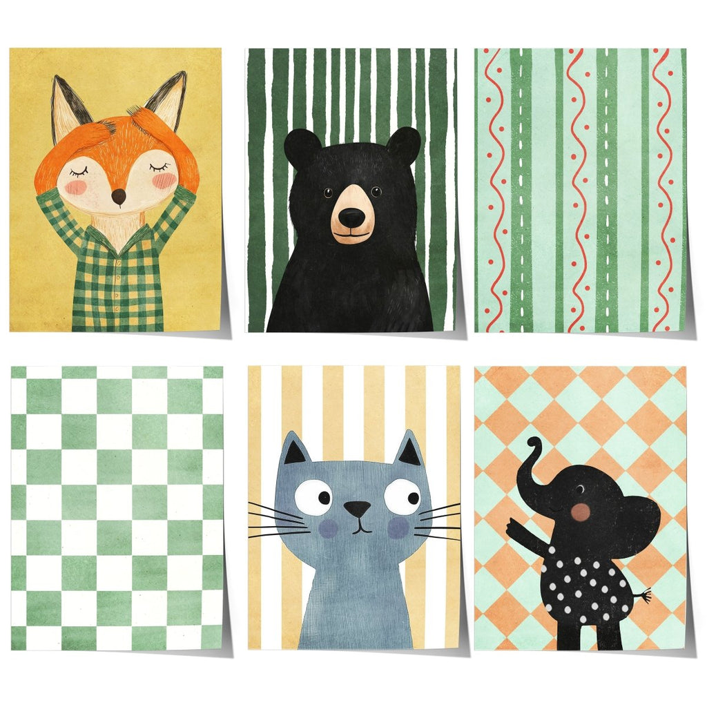 Children's Room Poster Bear · Elephant · Fox · Cat · Gift Idea for Kids · Green & Yellow · Forest Animals & Safari · Decorative Print without Frame