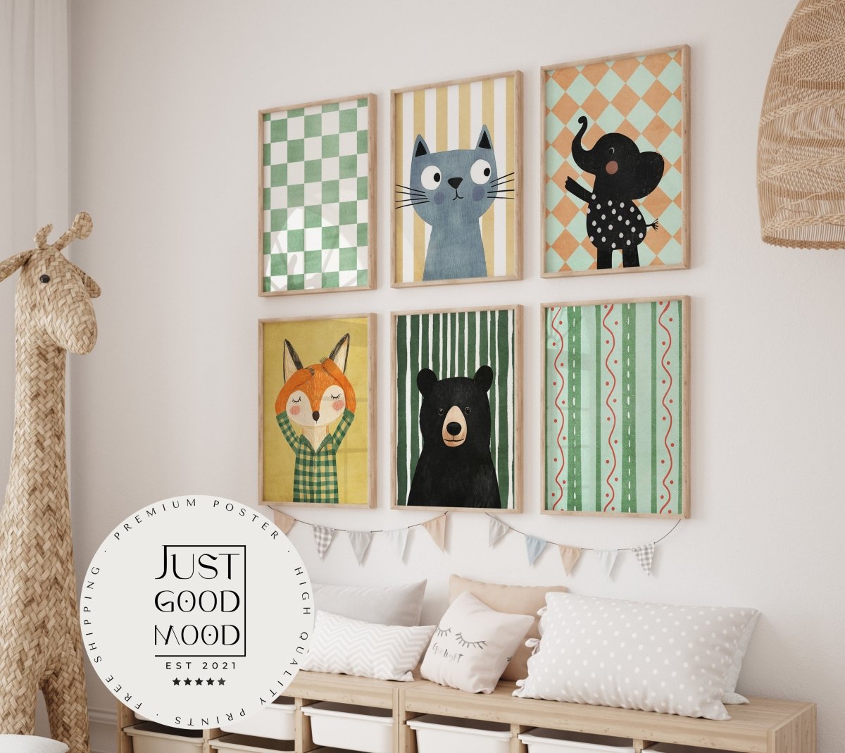 Poster Kinderzimmer Bär · Elefant · Fuchs · Katze · Geschenkidee für Kinder · Grün & Gelb · Waldtiere & Safari · Deko Print ohne Rahmen