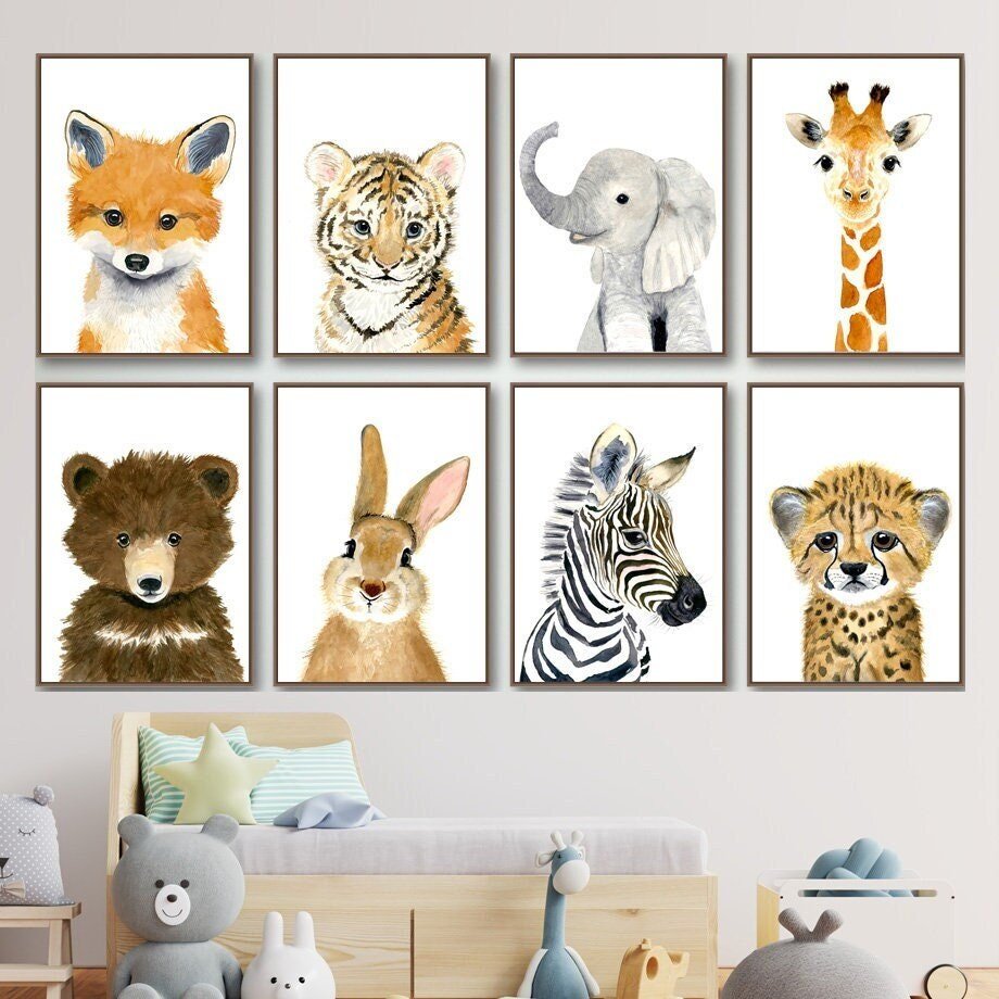 Nursery poster Animals Fox Elephant Bear Rabbit Zebra · Nursery pictures · Wall decor · Art print · Decorative print · Unframed